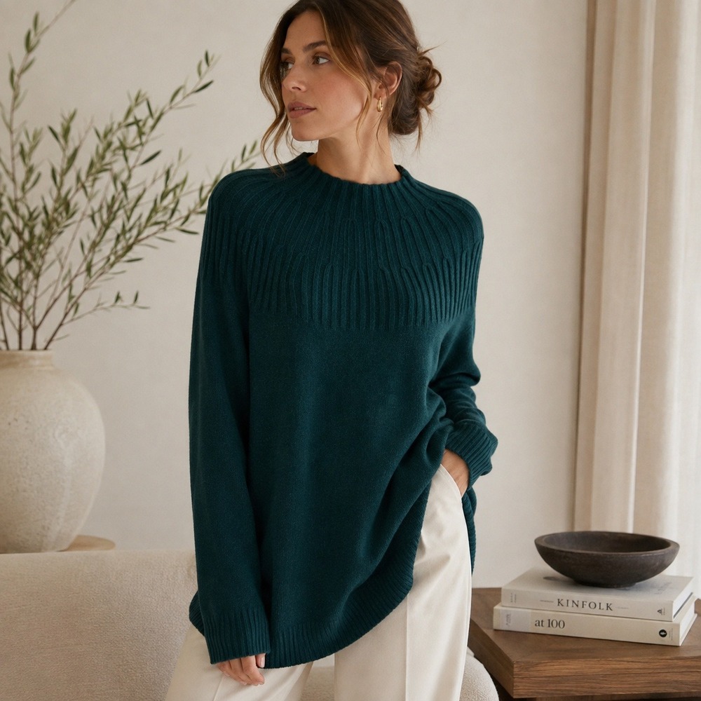 By Anthropologie Ribbed Mock Neck‎ Tunic Sweater Sz M Teal Oversized Minimalist